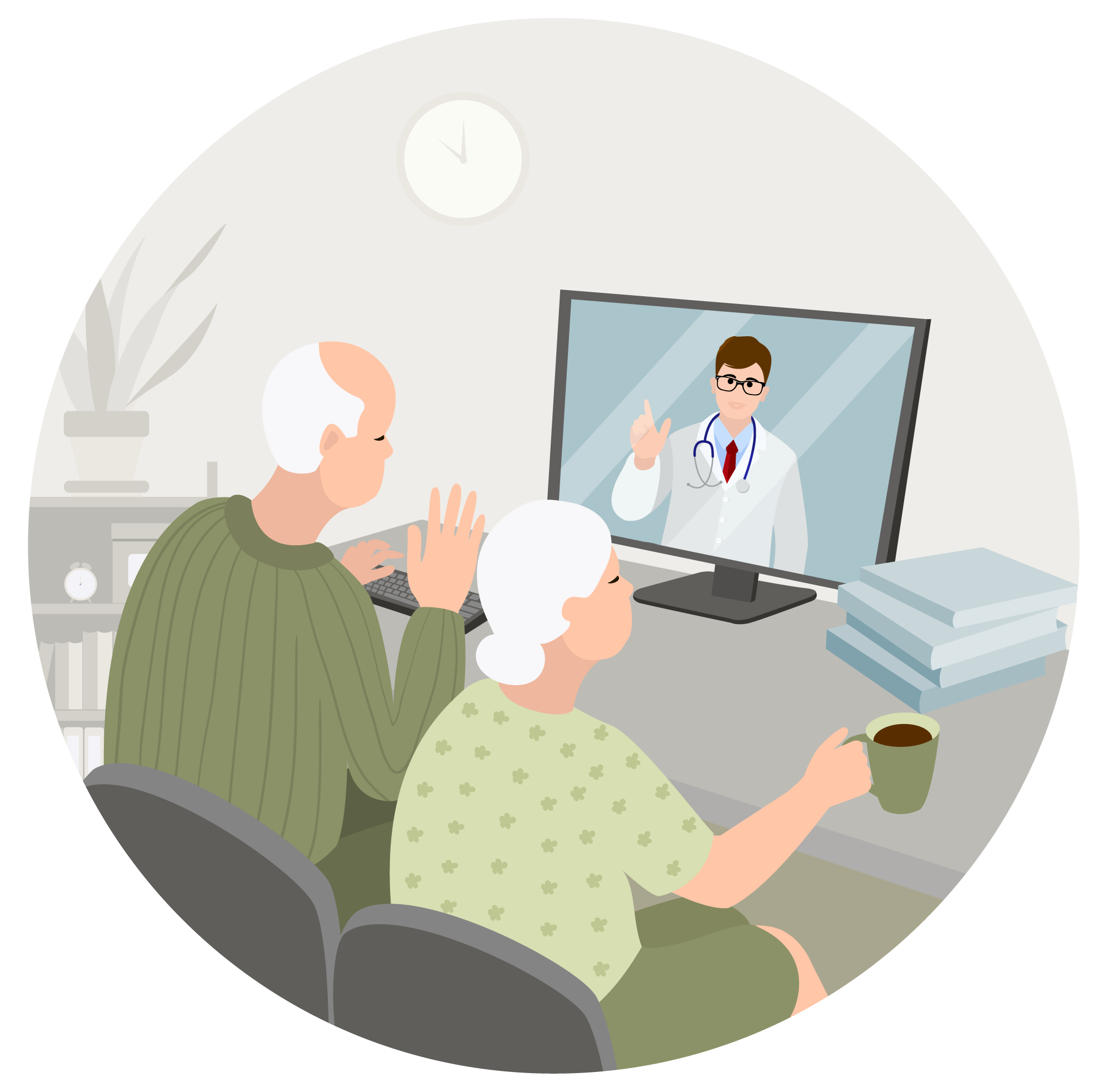 An older couple and a younger doctor wave at each other during a digital health care appointment